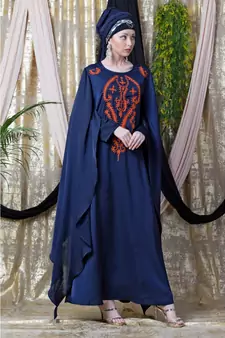 Blue Nazneen Extra Long Wings Sleeve Embroidered Party Abaya