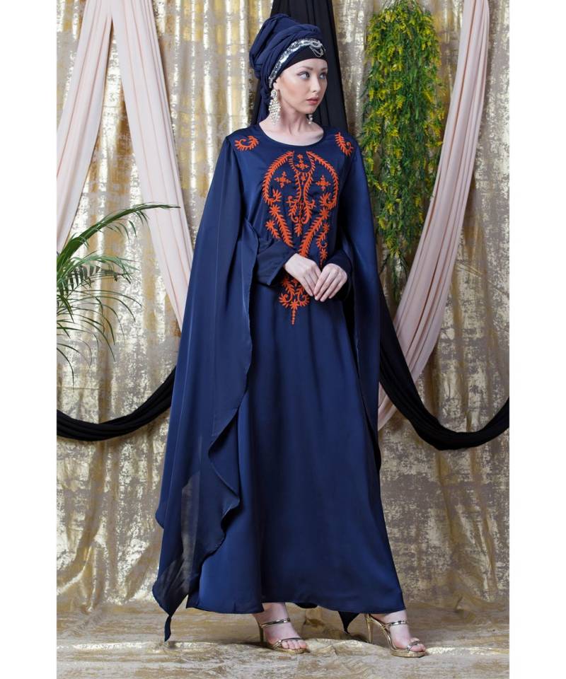 Blue Nazneen Extra Long Wings Sleeve Embroidered Party Abaya