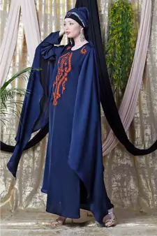 Blue Nazneen Extra Long Wings Sleeve Embroidered Party Abaya