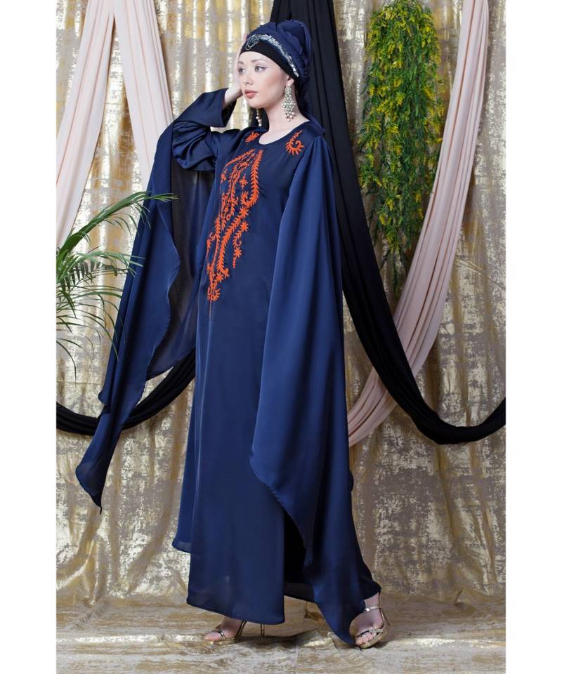 Blue Nazneen Extra Long Wings Sleeve Embroidered Party Abaya