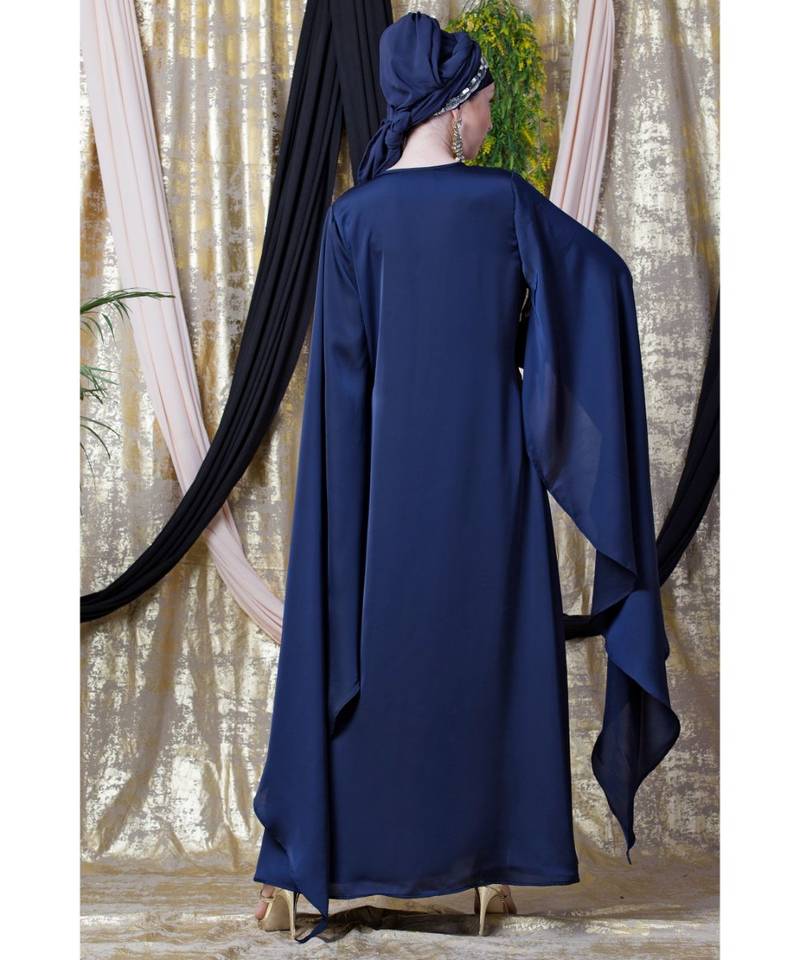 Blue Nazneen Extra Long Wings Sleeve Embroidered Party Abaya