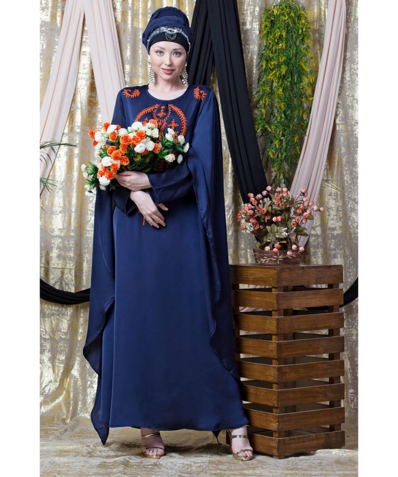 Blue Nazneen Extra Long Wings Sleeve Embroidered Party Abaya