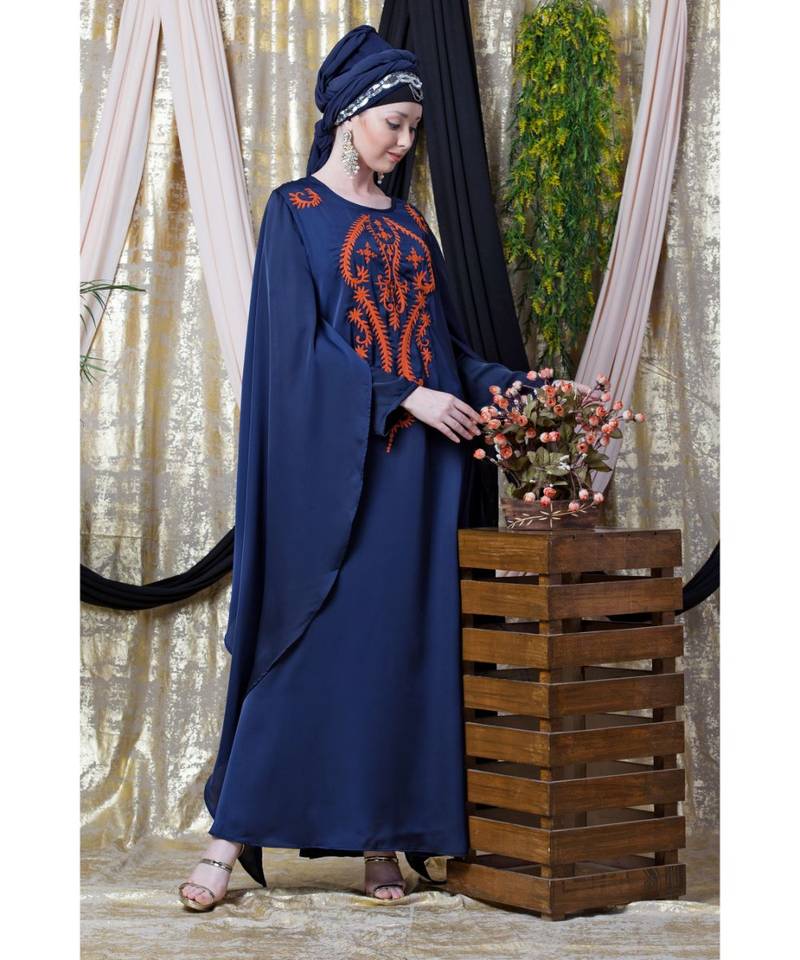 Blue Nazneen Extra Long Wings Sleeve Embroidered Party Abaya