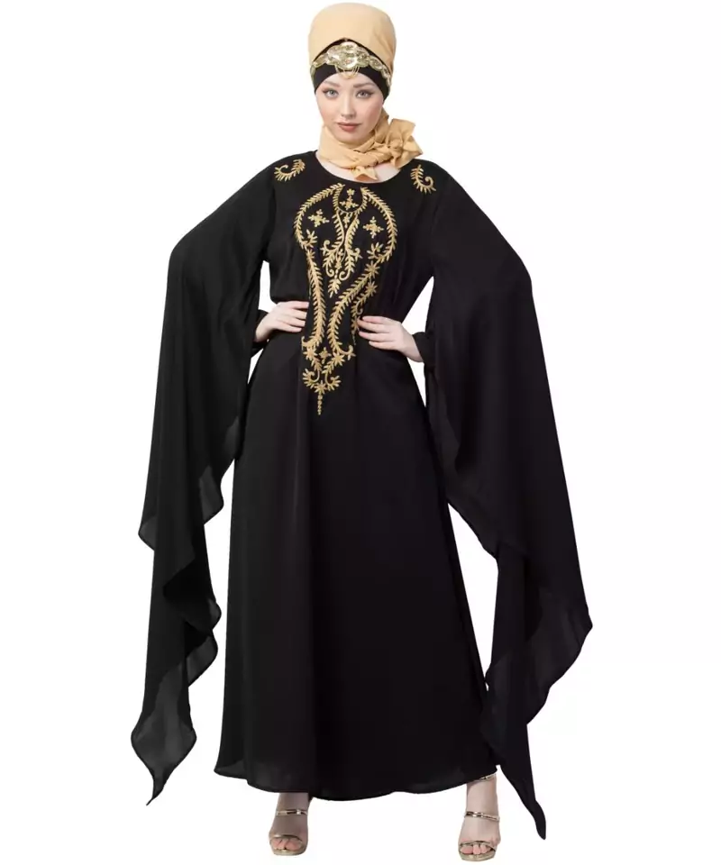 Black Nazneen Extra Long Wings Sleeve Embroidered Party Abaya