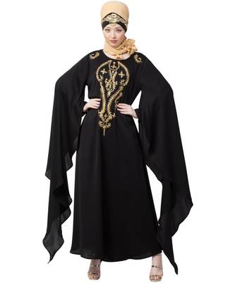 Black Nazneen Extra Long Wings Sleeve Embroidered Party Abaya 1