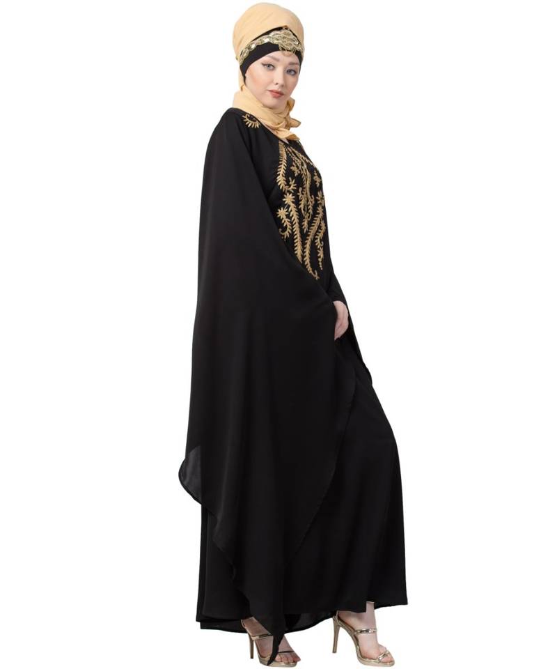 Black Nazneen Extra Long Wings Sleeve Embroidered Party Abaya