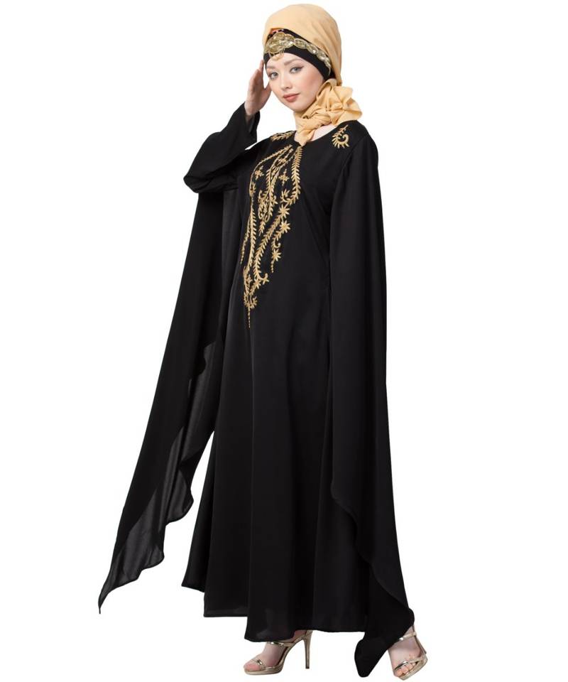 Black Nazneen Extra Long Wings Sleeve Embroidered Party Abaya