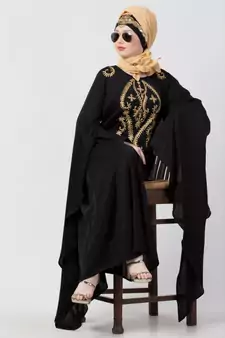 Black Nazneen Extra Long Wings Sleeve Embroidered Party Abaya