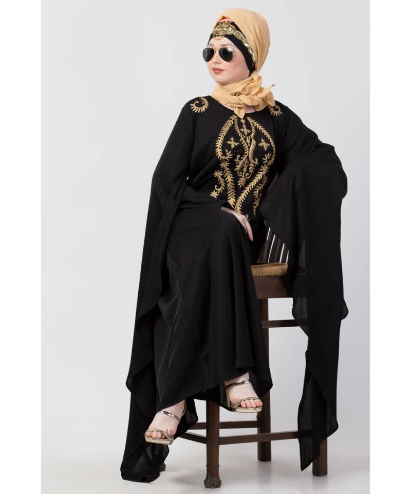 Black Nazneen Extra Long Wings Sleeve Embroidered Party Abaya