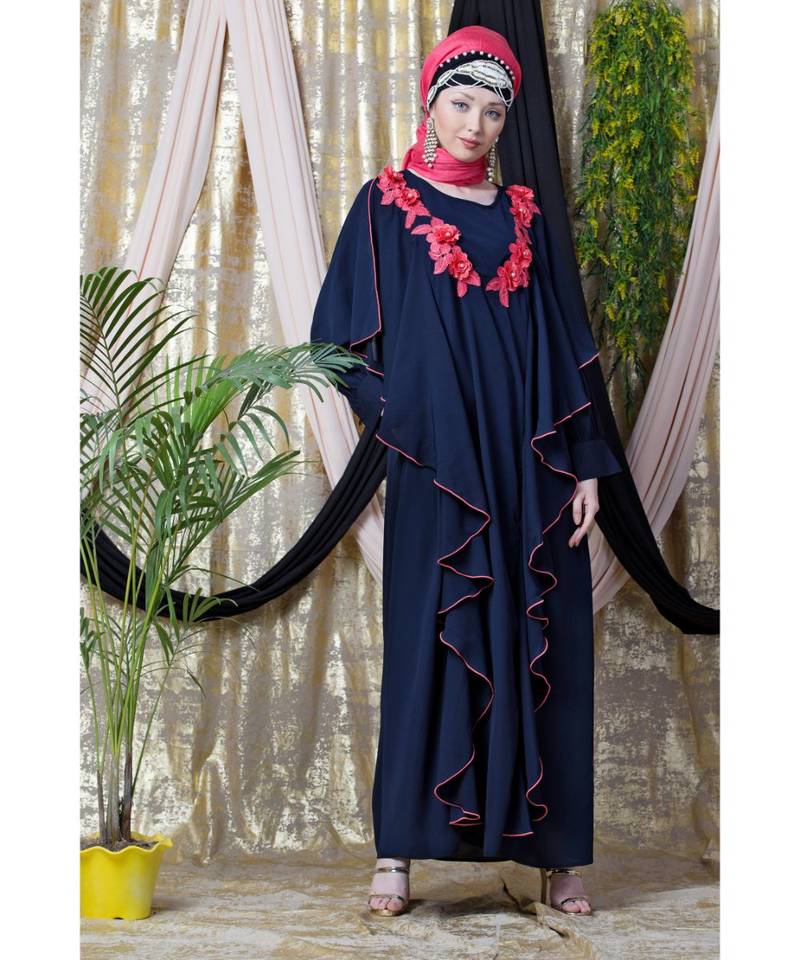 Blue Nazneen Front Long Frill Contrast Flowers Party Abaya