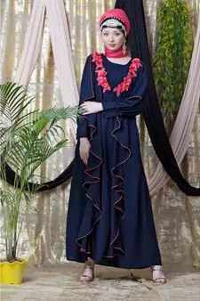 Blue Nazneen Front Long Frill Contrast Flowers Party Abaya