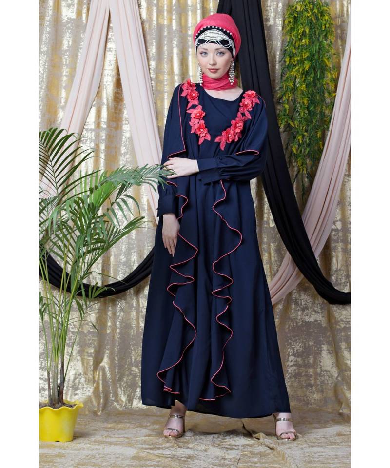 Blue Nazneen Front Long Frill Contrast Flowers Party Abaya