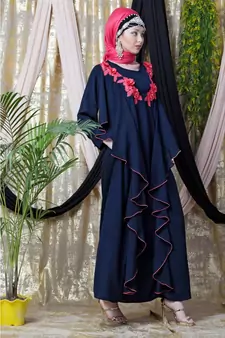 Blue Nazneen Front Long Frill Contrast Flowers Party Abaya