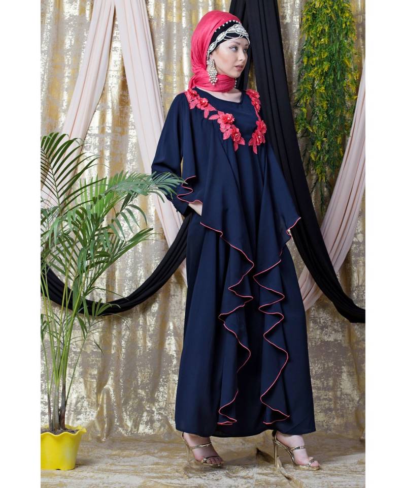 Blue Nazneen Front Long Frill Contrast Flowers Party Abaya