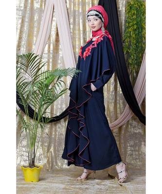 Blue Nazneen Front Long Frill Contrast Flowers Party Abaya 5