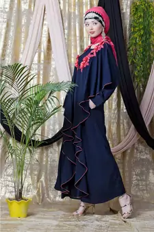 Blue Nazneen Front Long Frill Contrast Flowers Party Abaya
