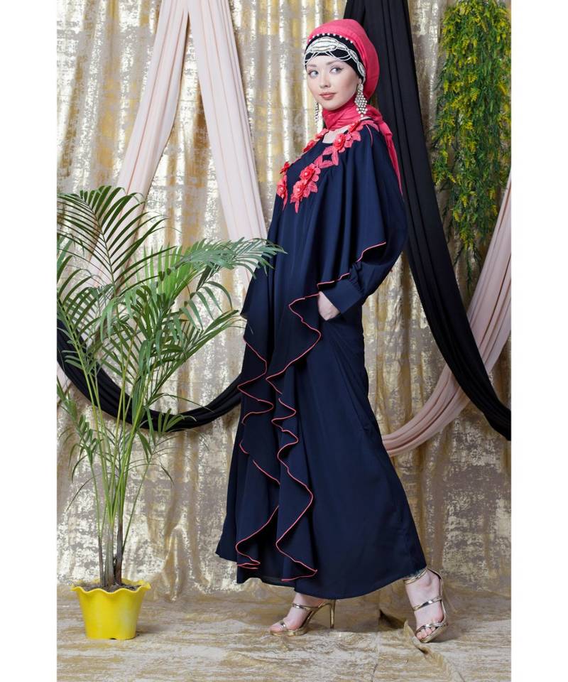 Blue Nazneen Front Long Frill Contrast Flowers Party Abaya