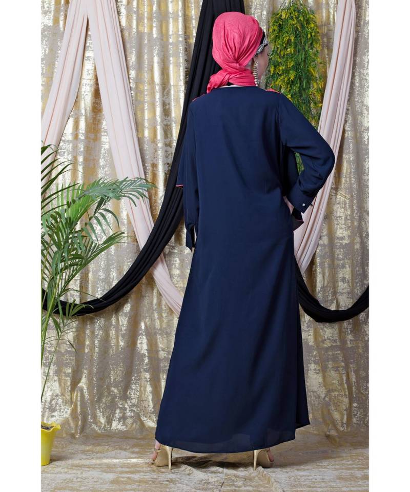 Blue Nazneen Front Long Frill Contrast Flowers Party Abaya