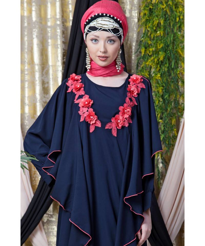 Blue Nazneen Front Long Frill Contrast Flowers Party Abaya