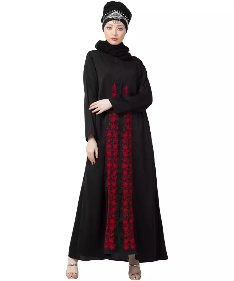 Black Nazneen Front Embroidered Zip At Neck Nida Abaya