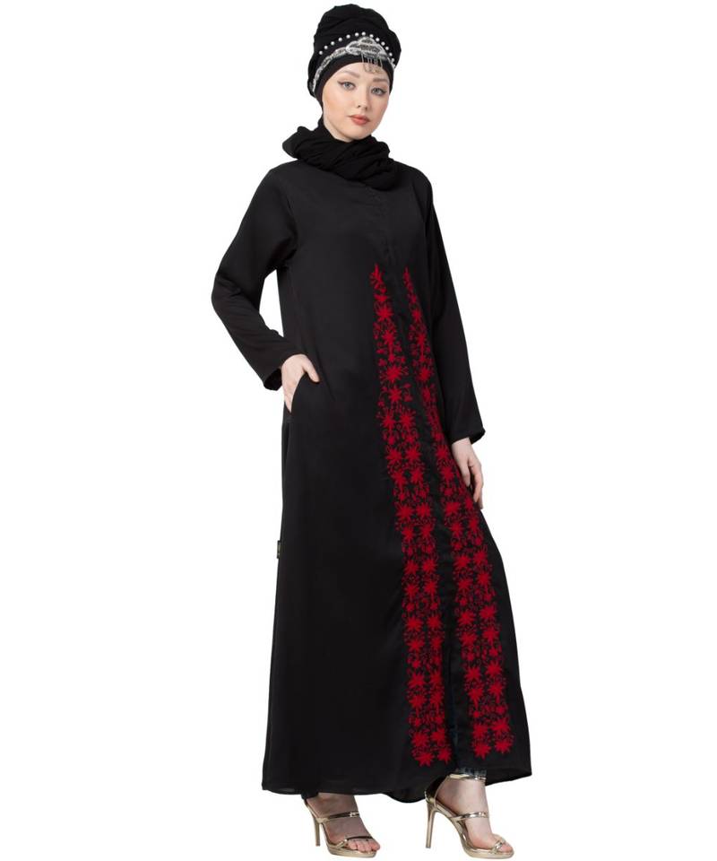 Black Nazneen Front Embroidered Zip At Neck Nida Abaya