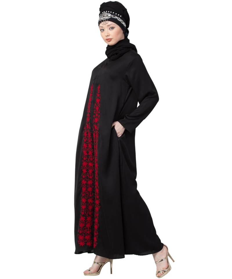 Black Nazneen Front Embroidered Zip At Neck Nida Abaya