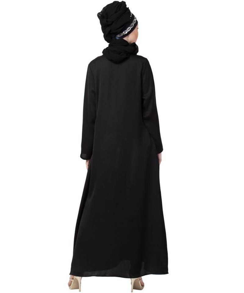 Black Nazneen Front Embroidered Zip At Neck Nida Abaya