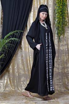 Black Nazneen Front Embroidered Zip At Neck Nida Abaya