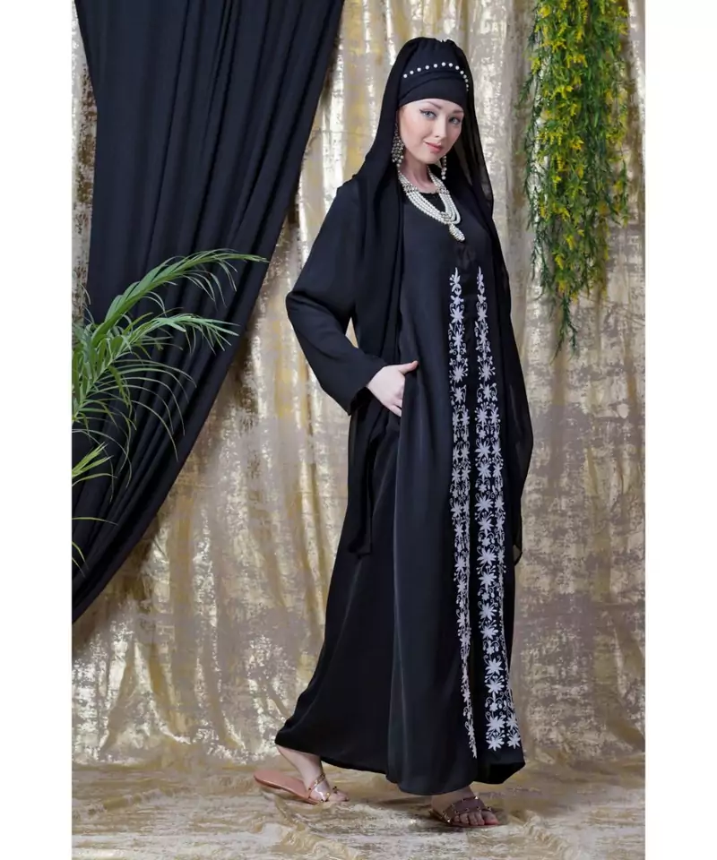 Black Nazneen Front Embroidered Zip At Neck Nida Abaya