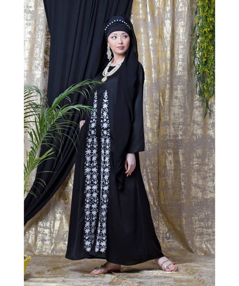 Black Nazneen Front Embroidered Zip At Neck Nida Abaya
