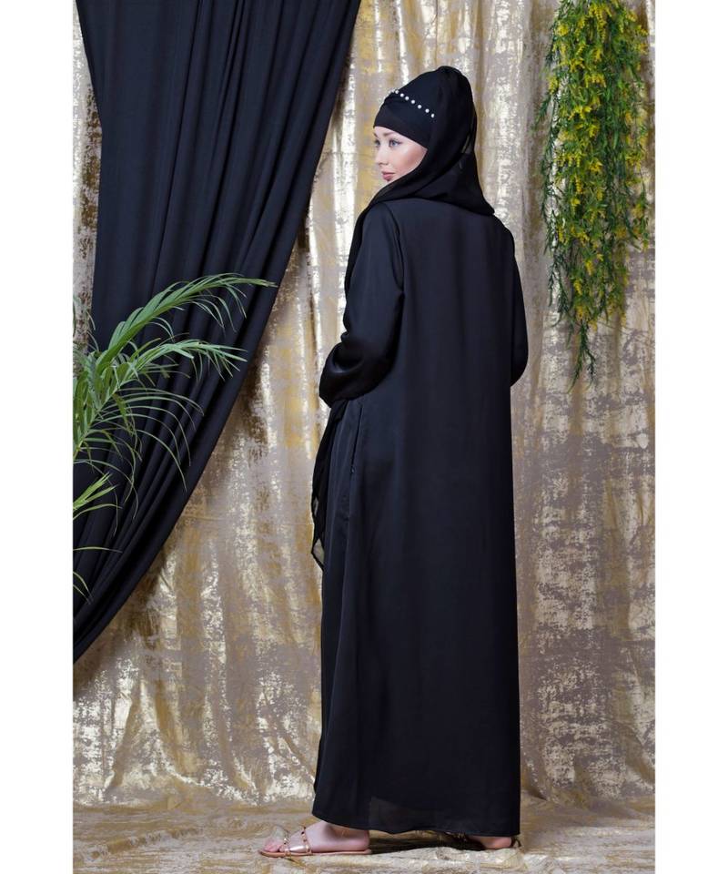 Black Nazneen Front Embroidered Zip At Neck Nida Abaya