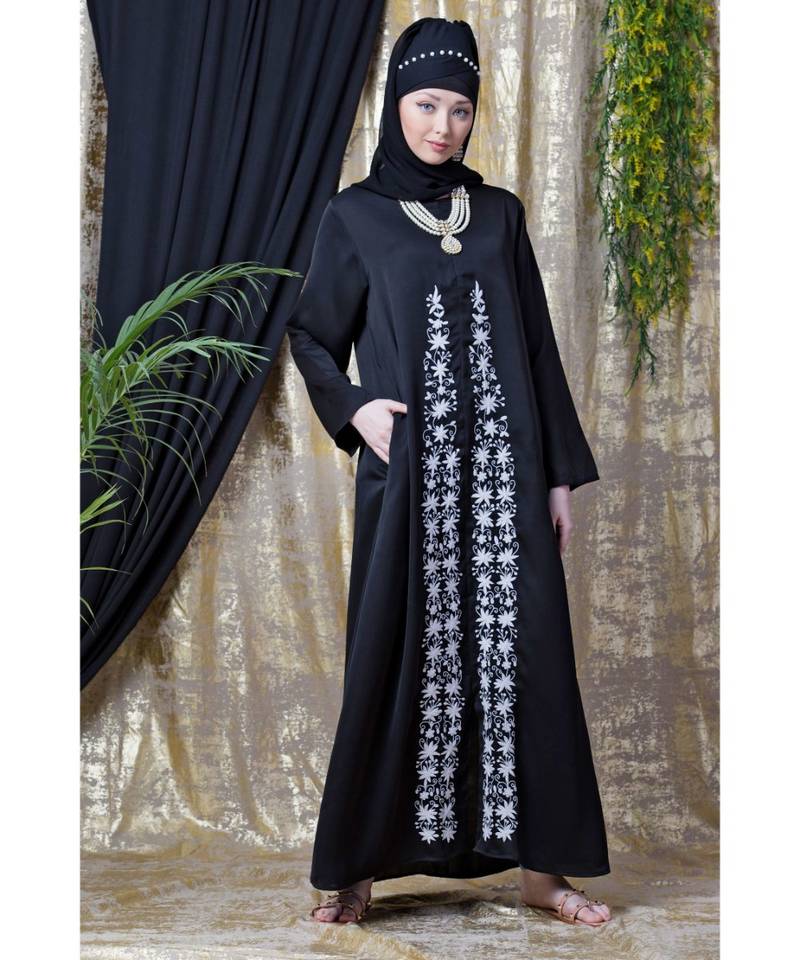 Black Nazneen Front Embroidered Zip At Neck Nida Abaya