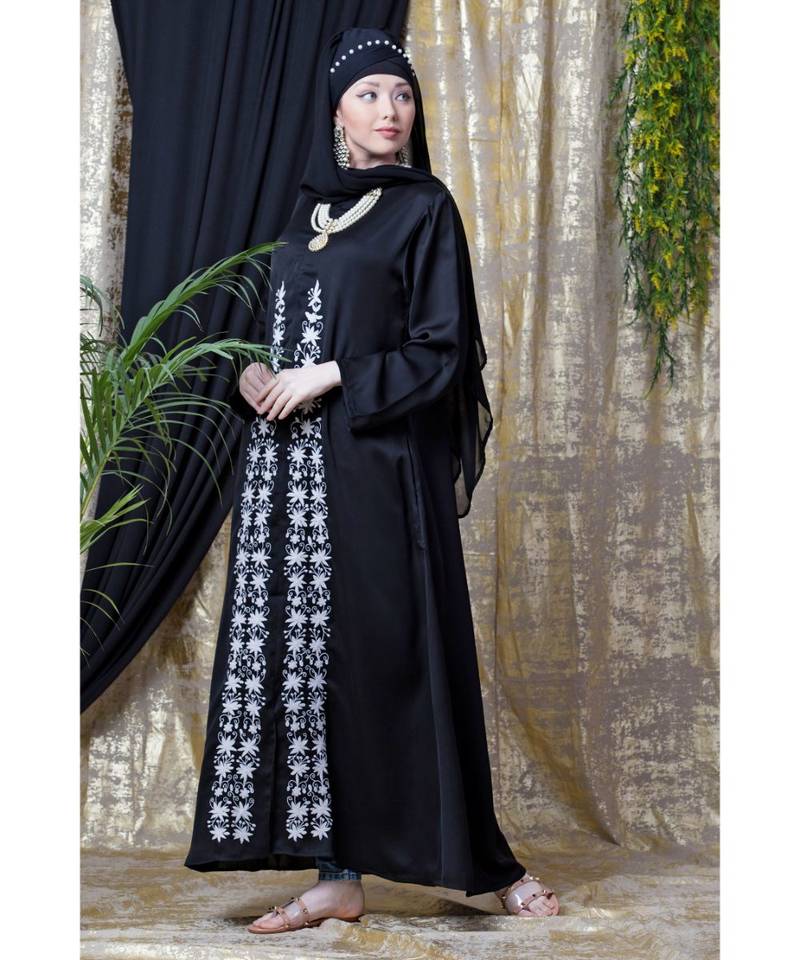 Black Nazneen Front Embroidered Zip At Neck Nida Abaya