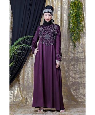 Purple Nazneen Front And Sleeve Hand Embroidered Party Abaya 1