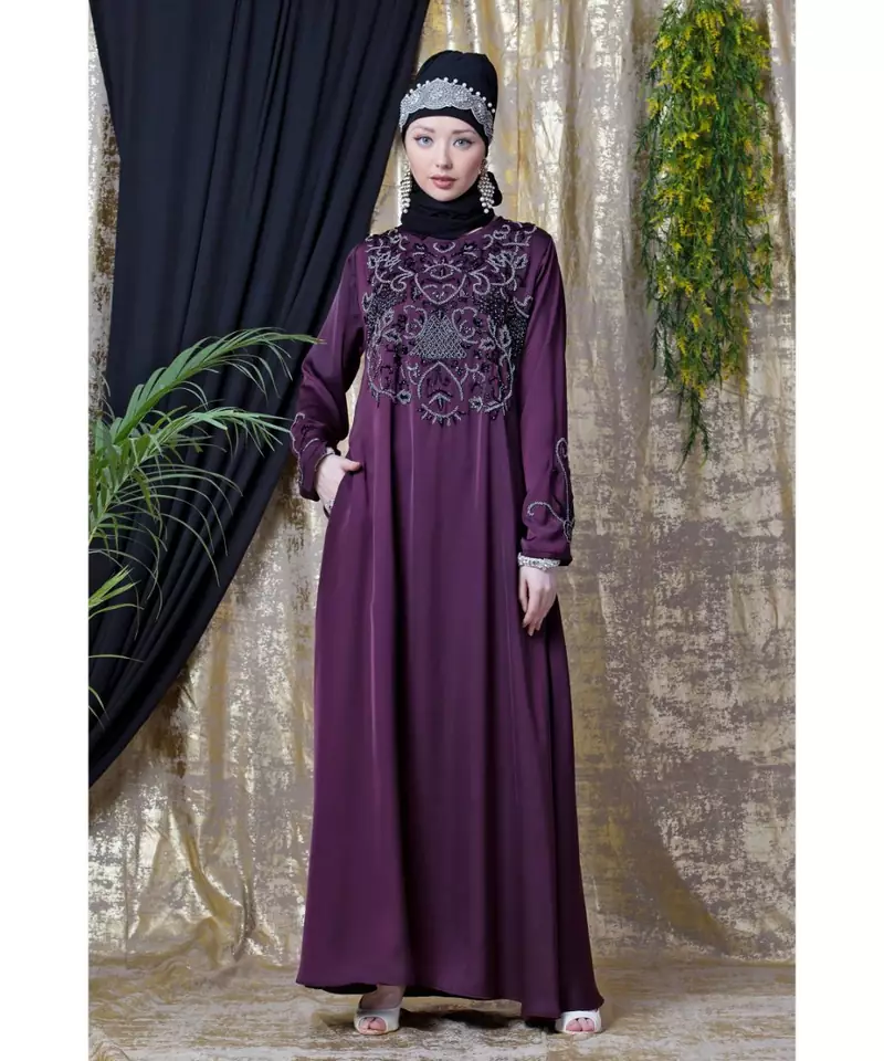 Purple Nazneen Front And Sleeve Hand Embroidered Party Abaya