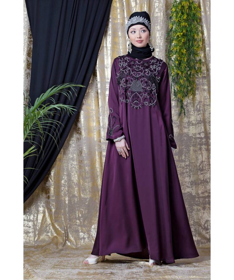 Purple Nazneen Front And Sleeve Hand Embroidered Party Abaya