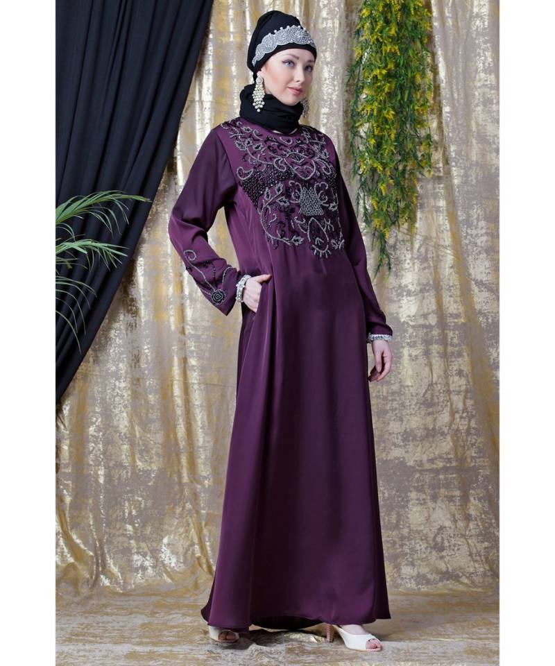 Purple Nazneen Front And Sleeve Hand Embroidered Party Abaya