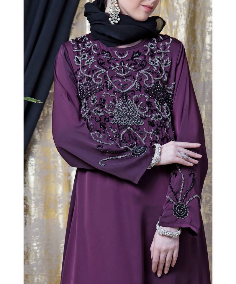 Purple Nazneen Front And Sleeve Hand Embroidered Party Abaya