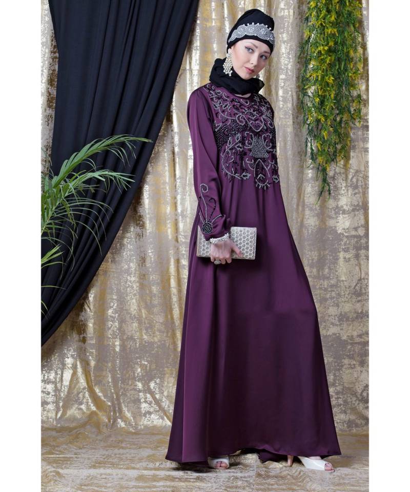 Purple Nazneen Front And Sleeve Hand Embroidered Party Abaya