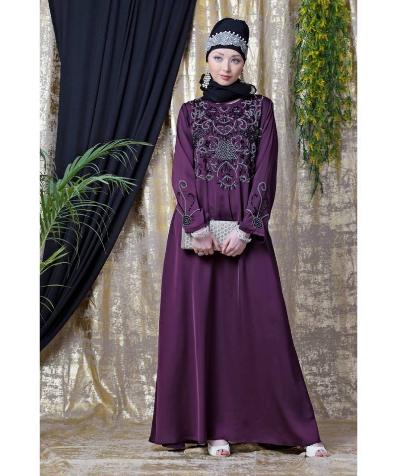 Purple Nazneen Front And Sleeve Hand Embroidered Party Abaya