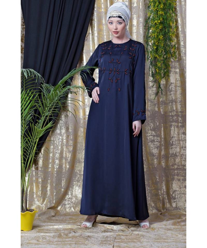 Blue Nazneen Front And Sleeve Hand Embroidered Party Abaya