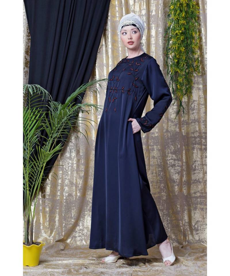 Blue Nazneen Front And Sleeve Hand Embroidered Party Abaya