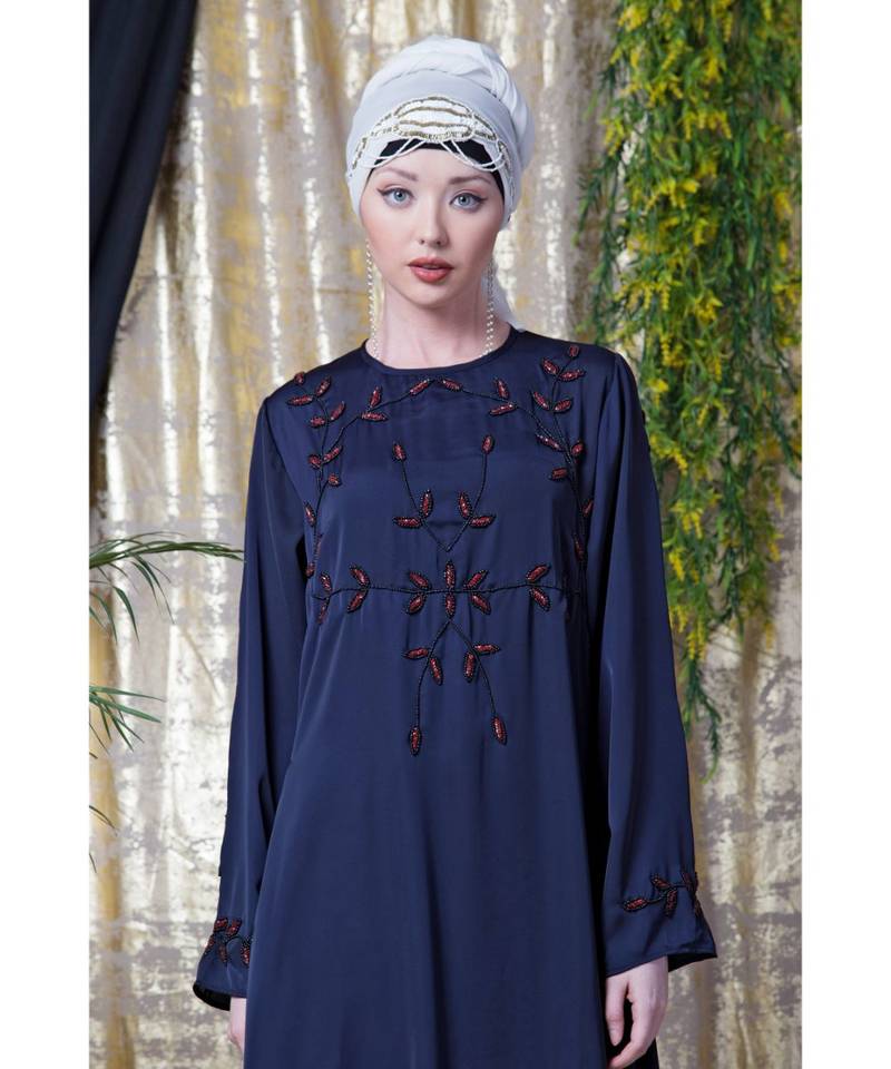 Blue Nazneen Front And Sleeve Hand Embroidered Party Abaya