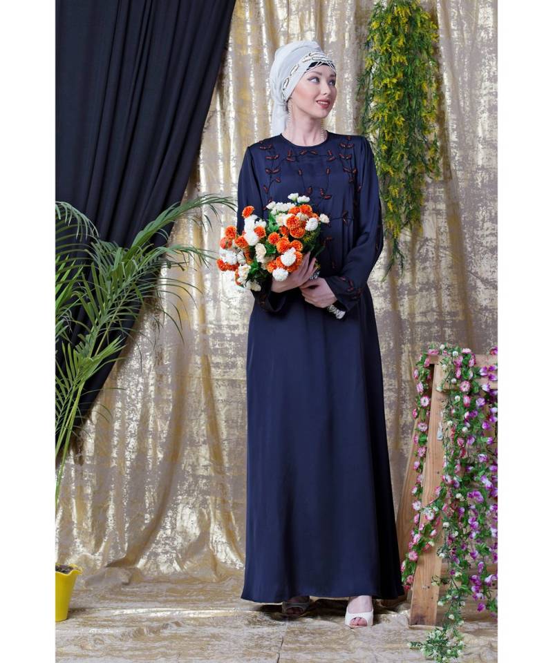 Blue Nazneen Front And Sleeve Hand Embroidered Party Abaya