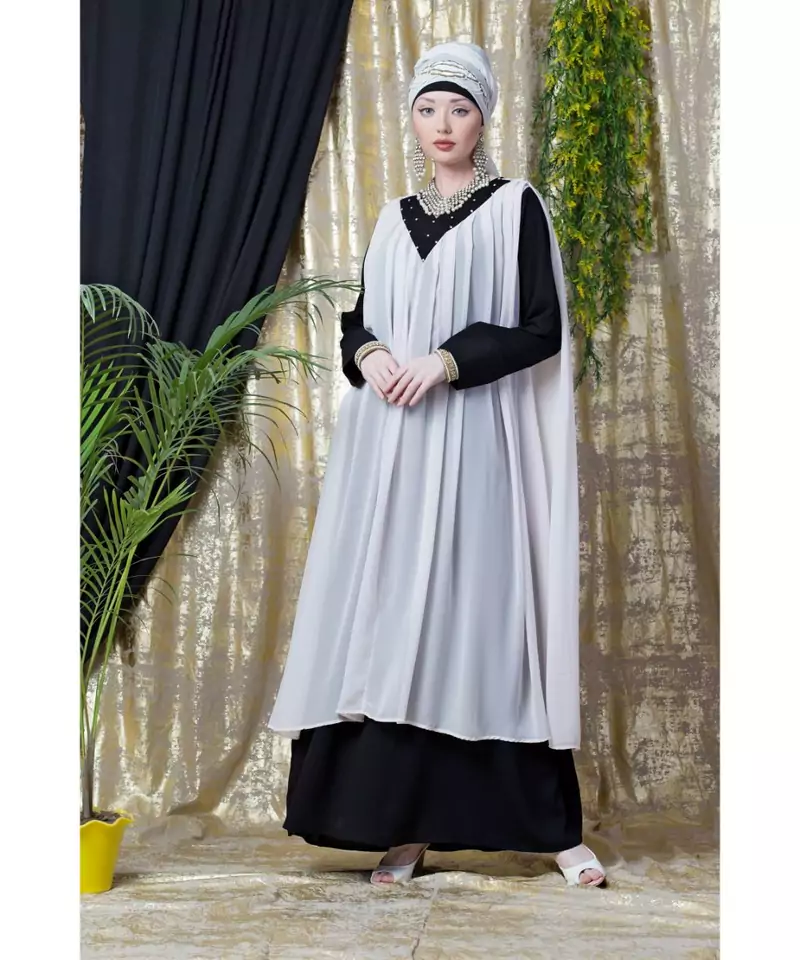 Pink Nazneen Embroidered Neck Band Double Layer Party Abaya