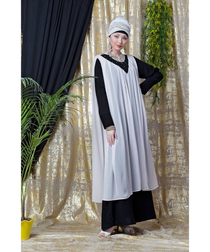 Pink Nazneen Embroidered Neck Band Double Layer Party Abaya