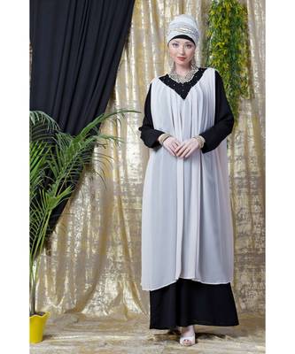 Pink Nazneen Embroidered Neck Band Double Layer Party Abaya 3