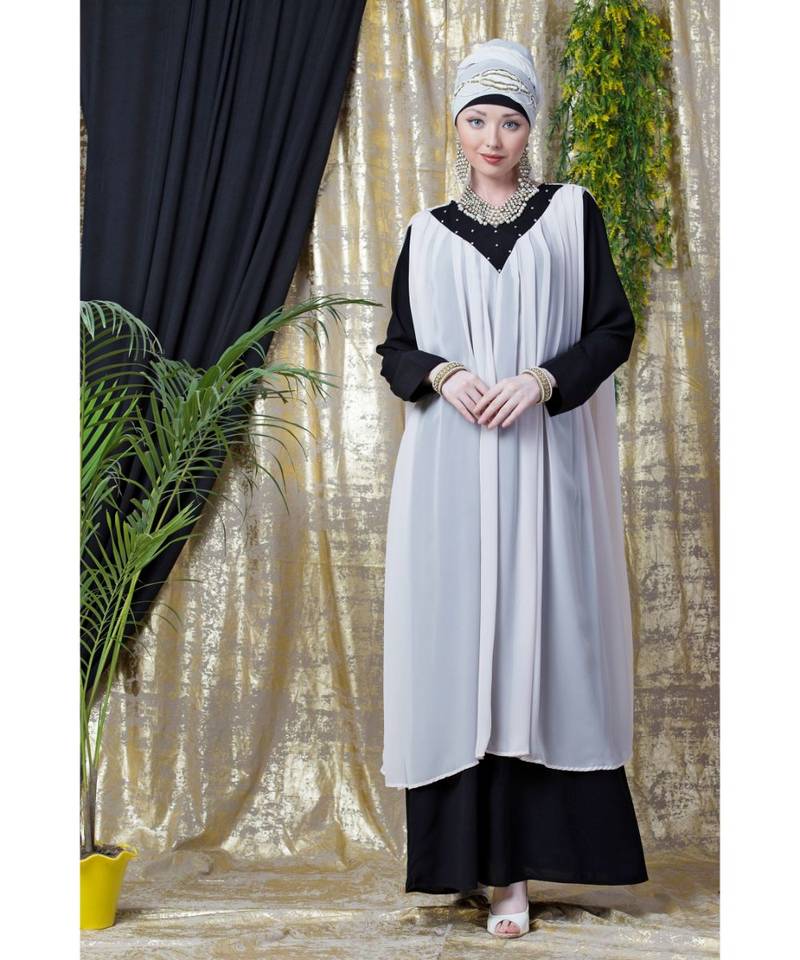 Pink Nazneen Embroidered Neck Band Double Layer Party Abaya