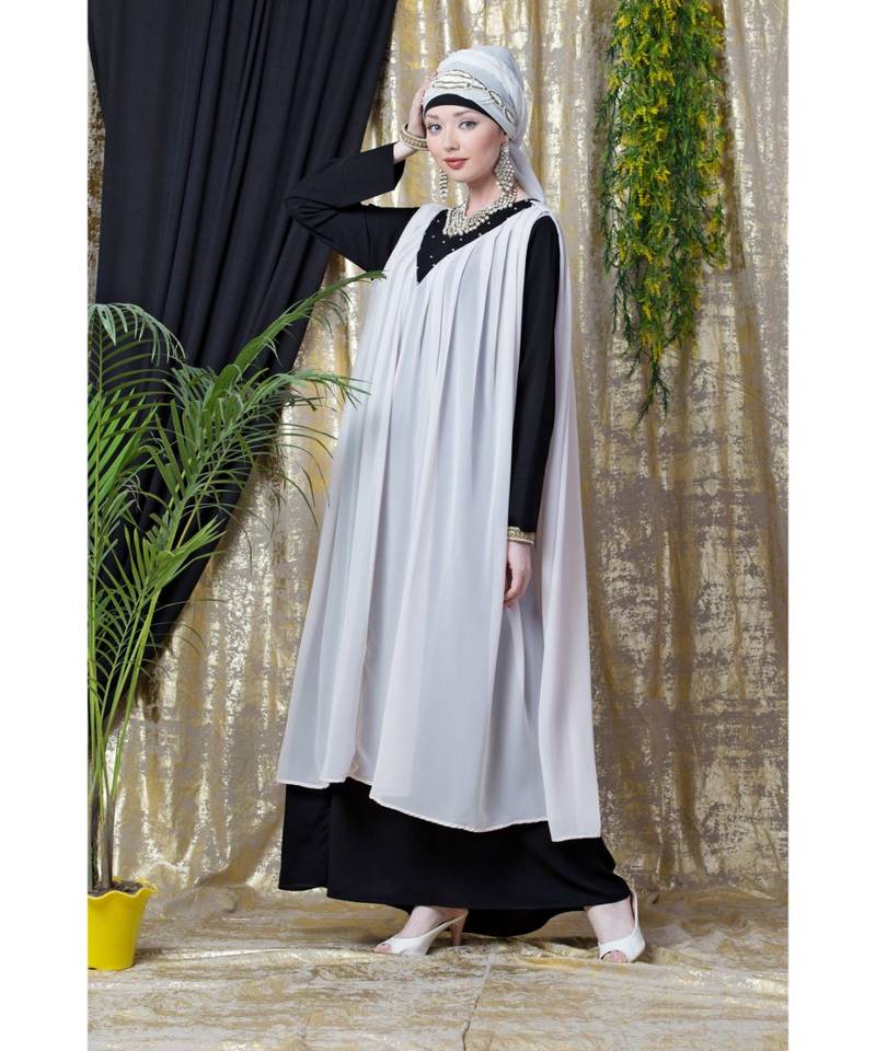 Pink Nazneen Embroidered Neck Band Double Layer Party Abaya