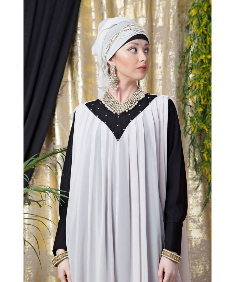 Pink Nazneen Embroidered Neck Band Double Layer Party Abaya